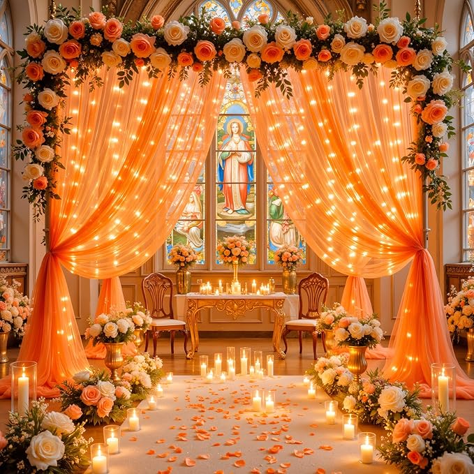 10ft x 10ft Orange Tulle Photo Backdrop Curtain with Lights String for Halloween Party Orange Sheer Curtain Backdrop Drapes for Birthday Party Wedding Photo Booth Background Home Room Decorations
