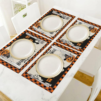 Halloween Placemats Cartoon Retro Funny Horror Castle Spider Web Magic Witch Pumpkin Bat Pumpkin Placemats Table Kitchen Dining Party 12x18 Inch Set of 4