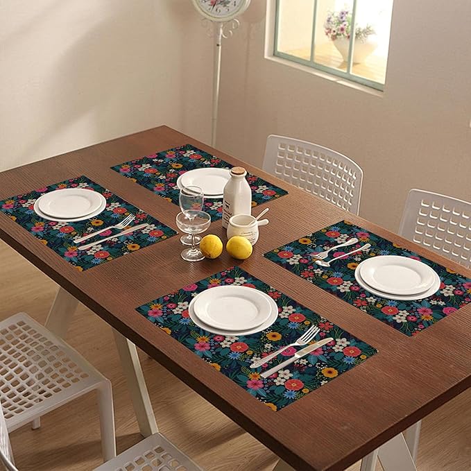 Placemats Set of 4 Colorful Flowers and Leaves Dining Place Mats Linen Table Mat for Farmhouse Home Kitchen Decor 12 X 18 Inch