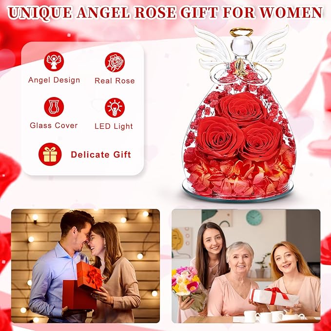 Beferr Christmas Birthday Gifts for Women, Mom Gifts for Christmas Fresh Flowers for Delivery Prime Forever Preserved Rose in Glass Angel Figurine Xmas Gifts for Grandma Wife Sister Her, Red