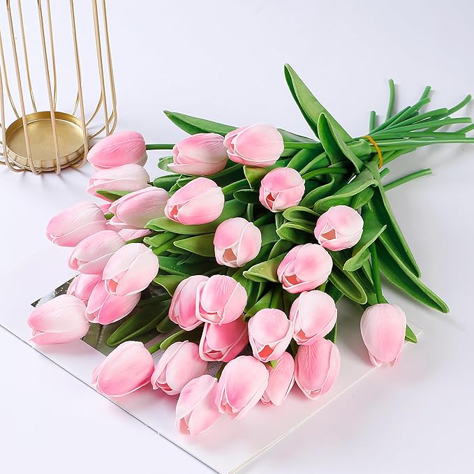 Sggvecsy 30 Pcs Fake Tulips Artificial Flowers Real Touch PU Faux Flowers Tulip Stems for Wedding Spring Bouquet Floral Arrangement Home Party Office Decorations for Mother's Day (Light Pink)