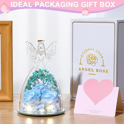 Christmas Rose Gifts for Women Preserved Real Flower in Glass Angel Figurines Roses for Delivery Prime Birthday Gifts for Mom Grandma Girlfriend Wife Her, Sky Blue White