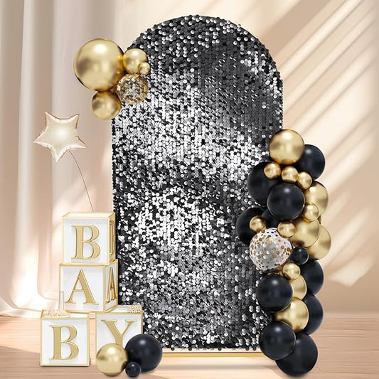 Black Sequin Arch Backdrop Cover: 6FT Party Arch Cover Sparkly Fitted Fabric Arch Covers for Birthday Party Halloween