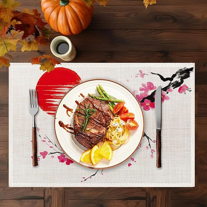Japanese Cherry Blossom Placemats Set of 6, Linen Table Mats, Woven Table Mats for Dining Room, Washable & Wrinkle Resistant, Farmhouse Kitchen Decor