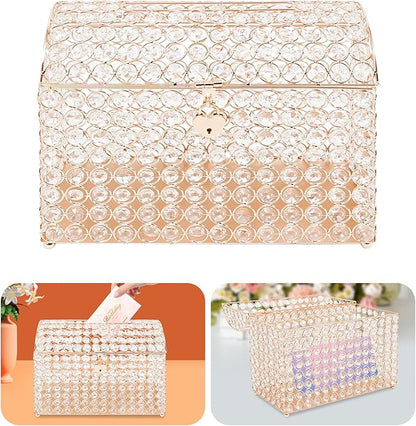 Crystal Wedding Card Box With Heart Lock, Gold Crystal Treasure Chest Money Card Gift Decorative Memory Box for Wedding Birthday Graduation Party