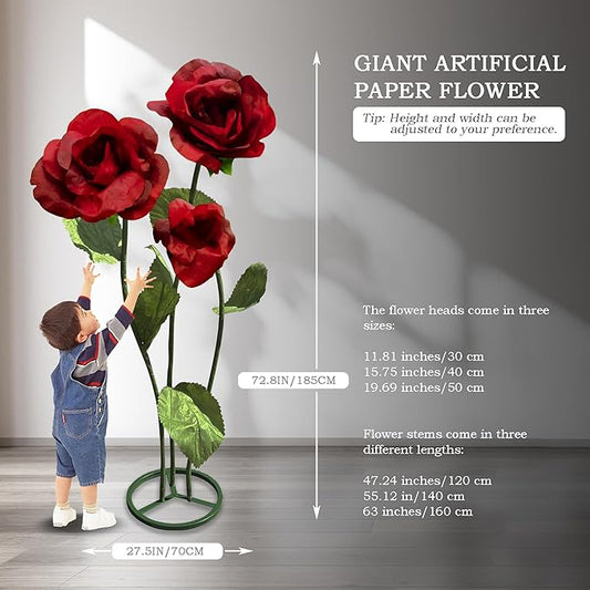 Giant Artificial Flower for Decoration, 3 Pcs Handmade Artificial Rose Flower for Wedding Birthday Easter Party Mother's Day Backdrop Decor Banquet Photography Props Shop Window Display (Red)