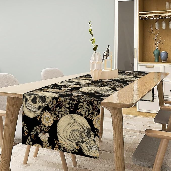 Gothic Table Runner,Vintage Floral Skull Print Table Runner for Home Kitchen Table Dining Garden Farmhouse Wedding Party Decor 13x90 Inch