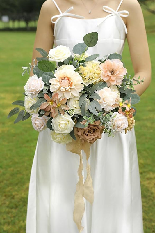 Nude Color Artificial Flowers Set - Fake Roses, Peonies, Dahlia, Silk Flowers with Stems for DIY Wedding Bouquets,Floral Arrangement,Table Centerpieces,Baby Shower, Home Decor