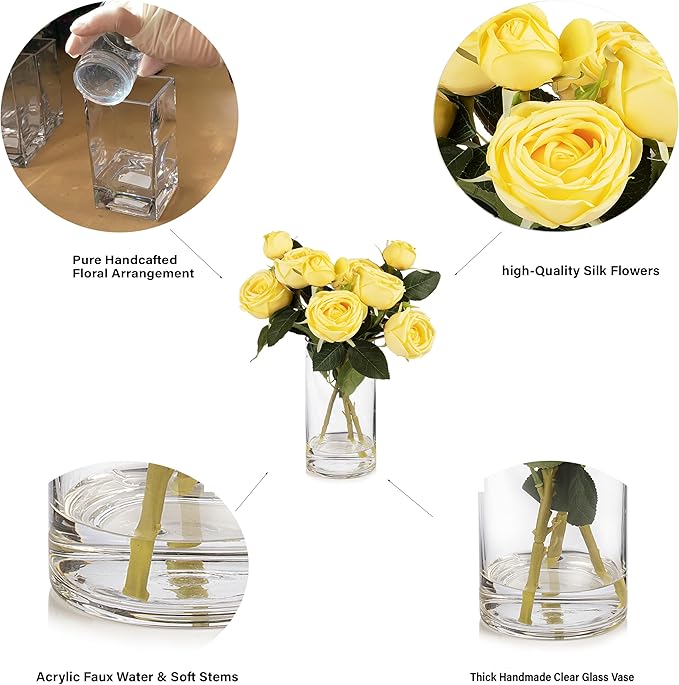 ENOVA FLORAL 9 Heads Silk Rose Artificial Flowers in Vase,Faux Rose Flowers Arrangement in Vase with Faux Water for Table Decor Centerpieces (Yellow)