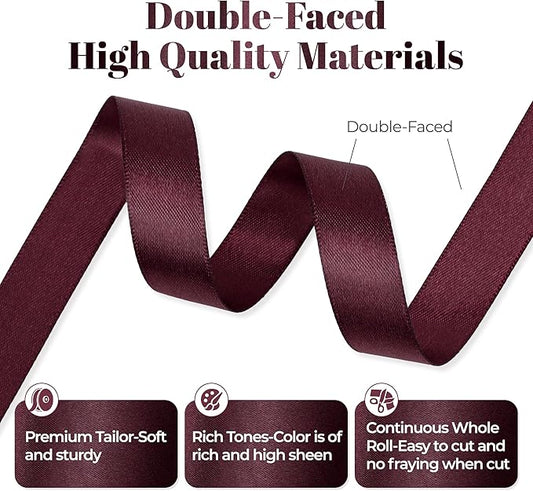 Burgundy Satin Ribbon, Double Faced 5/8 Inch X 50 Yards Burgundy Ribbon, Premium Satin Ribbon for Gift Wrapping, Crafts, Hair Bow Making, Sewing, Flower Bouquet, Wedding Party Decor