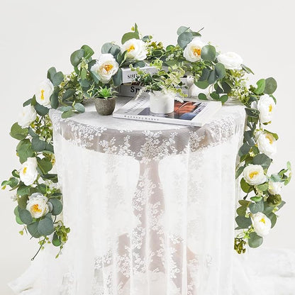 2 Pack 12Ft Artificial Eucalyptus Flower Garland with White Roses, Faux Floral Greenery Garland Fake Flower Vines for Wedding Party Centerpiece Table Runner Arch Party Decor (2PCS,White