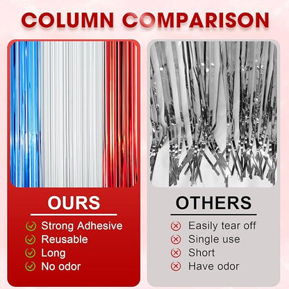 3 Pack 3.3 x 8.2 ft Red White and Blue Foil Fringe Backdrop Curtains, Tinsel Streamers Party Decorations, Fringe Backdrop for Patriotic, Memorial Day, 4th of July, Independence Day