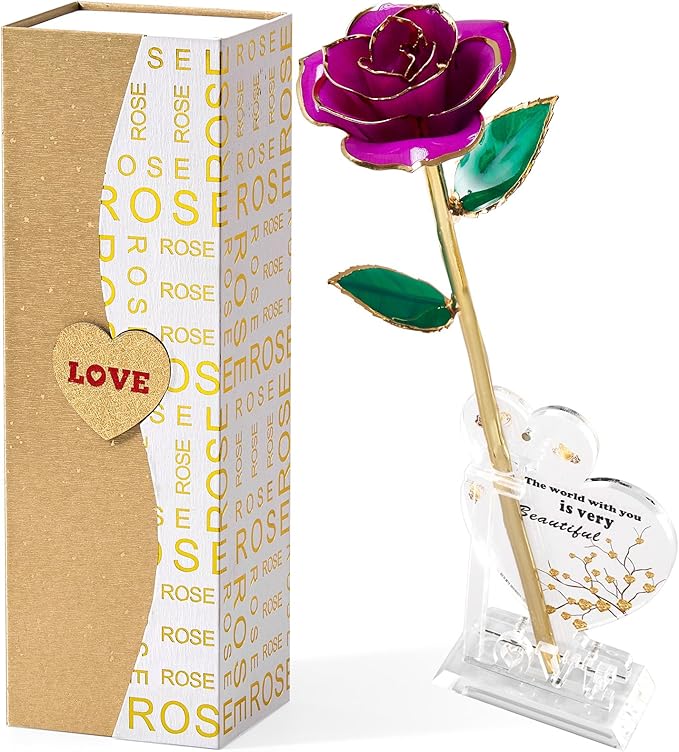 Mikasol Gold Dipped 24K Forever Preserved Rose, 1 Pack Infinity Flower Decor Hand Dipped Romantic Gift for Women in Her Wife Girlfriend Birthday Anniversary Valentines Mothers Day Christmas(Purple)
