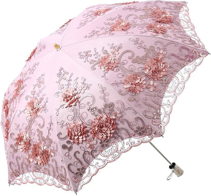 LCY Embroidered Lace Double-deck Anti-UV Parasol Sun/Rain/Snow Folding Umbrella