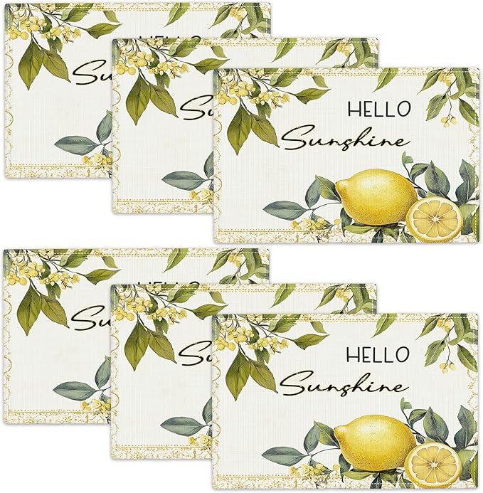 Lemon Iris Summer Placemats Set of 6, Rustic Fruit Place Mats, Country Hello Sunshine Dining Table Mats, Washable Placemats for Kitchen Dining Room Home Decor 18L'' × 12W''