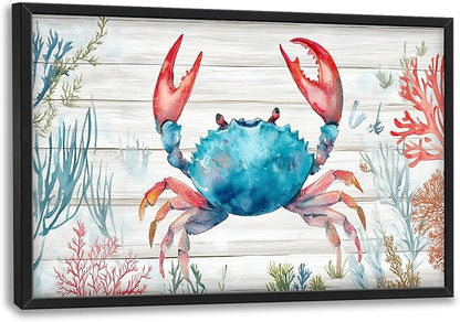 Crab with Coral Large Decor Framed Wall Art Ocean Pictures for Living Room, Nautical Oversized Canvas Print Painting Modern Extra Large Framed Artwork for Bedroom Office Home Decor 36"x24"