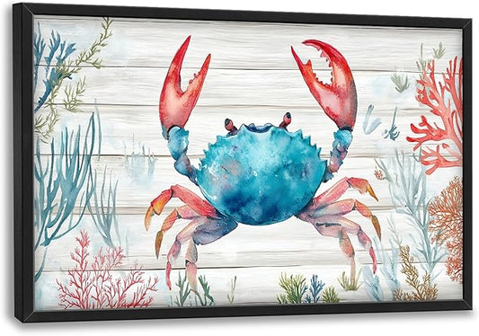 Crab with Coral Large Decor Framed Wall Art Ocean Pictures for Living Room, Nautical Oversized Canvas Print Painting Modern Extra Large Framed Artwork for Bedroom Office Home Decor 36"x24"