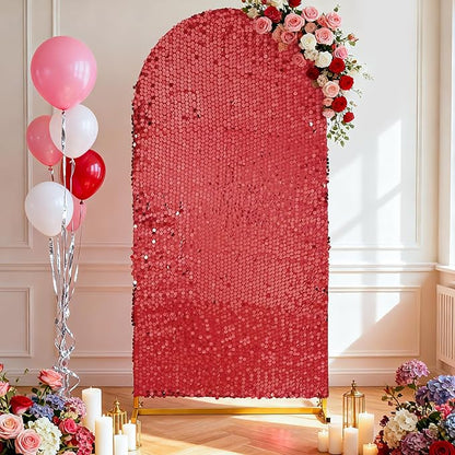 7.2FT Red Arch Cover Sequin: Wedding Arch Shimmer Backdrop Covers Sparkle Arched Stand Covers Glitter Backdrop Spandex Covers for Prom Party Decorations