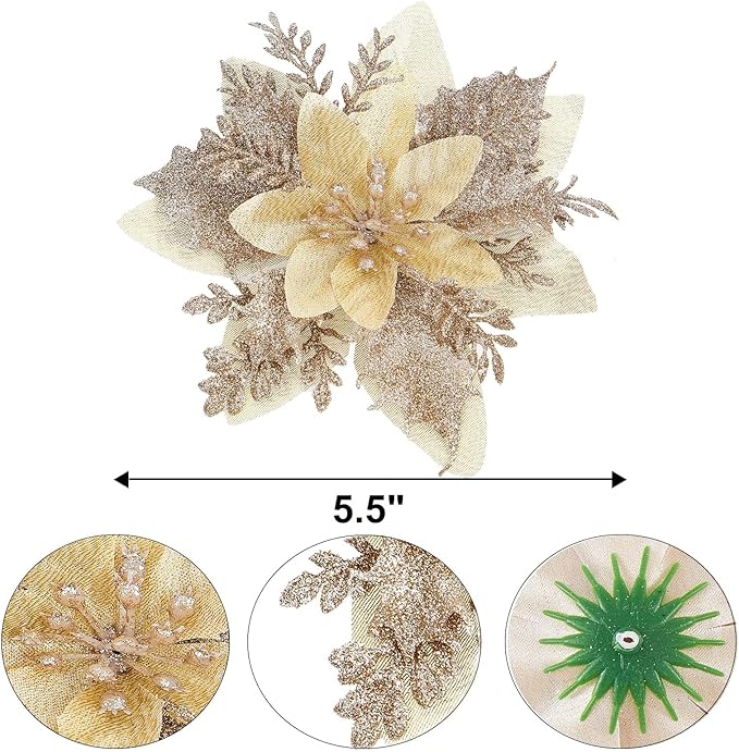 15Pcs Christmas Poinsettia Artificial Flowers Decorations, Glitter Poinsettia Christmas Tree Ornaments, Champagne Tree Flowers for Xmas/Holiday/Wreath/Garland Decor, with Cilps, 5.5 Inch
