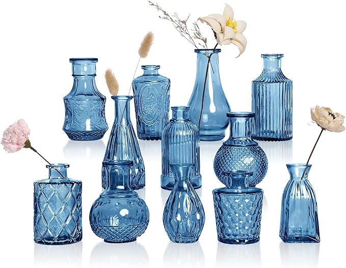 Blue Glass Vase Set of 12, Clear Bud Vase in Bulk, Small Flower Vases for Centerpieces, Mini Vases for Flowers, Vintage Decorative Embossed Vase for Home Decor, Wedding Table Decoration, Gift