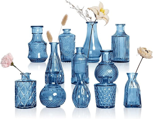 Blue Glass Vase Set of 12, Clear Bud Vase in Bulk, Small Flower Vases for Centerpieces, Mini Vases for Flowers, Vintage Decorative Embossed Vase for Home Decor, Wedding Table Decoration, Gift