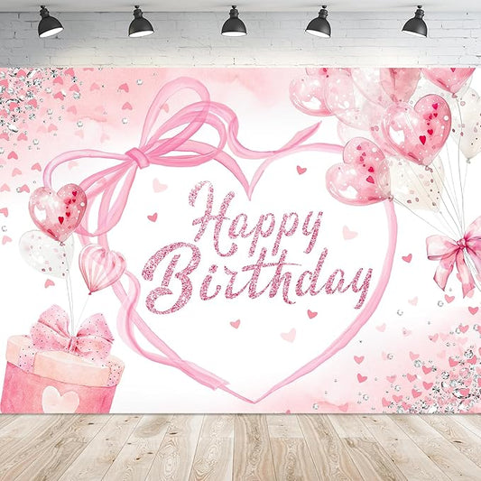 Coquette Happy Birthday Backdrop 5Wx3H Photography Pink Bow Heart Balloons Modern Preppy Diamonds Sweet Princess Background for Girls Teens Party Decorations Banner Photo Booth Props Supplies