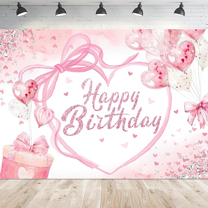 Coquette Happy Birthday Backdrop 8Wx6H Photography Pink Bow Heart Balloons Preppy Diamonds Sweet Princess Background for Girls Bachelorette Party Decorations Banner Photo Booth Props Supplies
