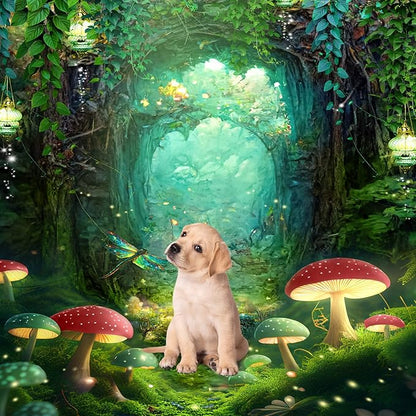 Riyidecor Fairy Backdrop Polyester Fabric Green Fantasy Enchanted Wonderland Woodland Princess Mushroom Dreamland Plant Trees 5W*7H Feet Pretty Photography Background Birthday Photo Studio Shoot