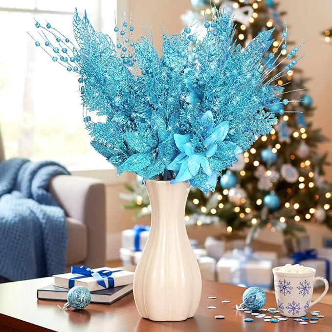 18 Pack 3 Styles 17 Inch Christmas Glitter Poinsettia Berry Stems Ornaments Artificial Floral Branches Picks for Christmas Tree Home Vase Holiday Party Decor(Lake Blue)