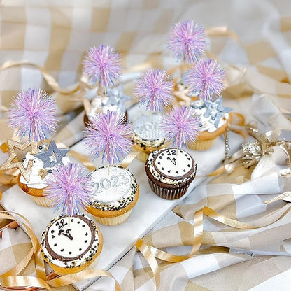 Gyufise 30Pcs Foil Firework Cupcake Toppers Sparkle Tinsel Cake Toppers Tinsel Drink Cake Decoration Cocktail Picks for Birthday Wedding Graduation Party Supplies Laser Purple