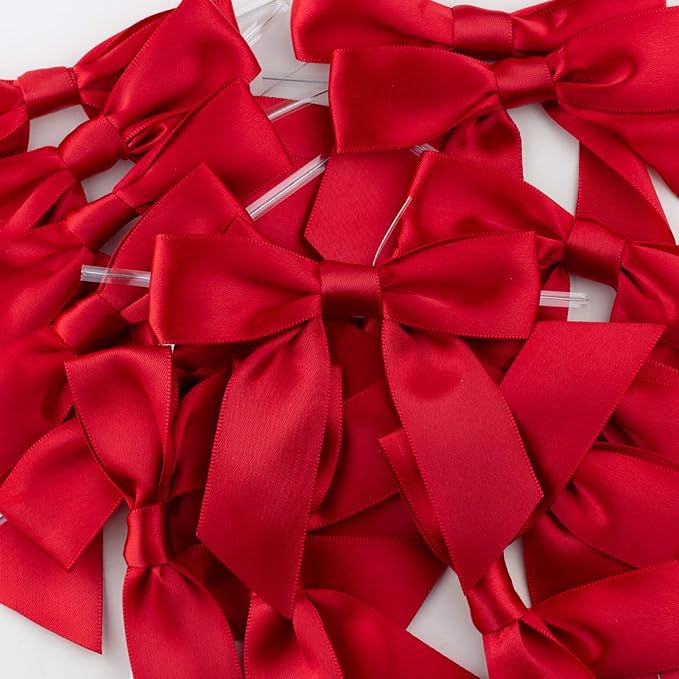 7Rainbows 30pcs Boutique 2.5" Red Satin Ribbon Twist Tie Bows for Tying Up Packages Gift Wrapping