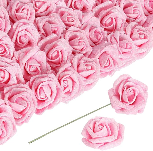 Artificial Flowers Glitter Flowers Foam Roses 30 PCS Pink Roses Foam Flowers Glitter Roses with Stem Fake Flowers for DIY Wedding Bridal Bouquet Party Centerpieces Decor(Pink)