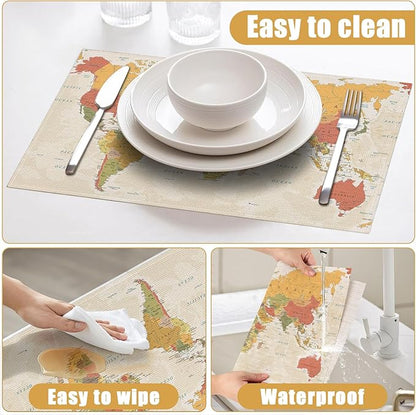 World Map Placemats Set of 6, Linen Place Mat Washable Stain Resistant Table Mats for Farmhouse Kitchen Dining Holiday Party Wedding Decor 12x18 Inch