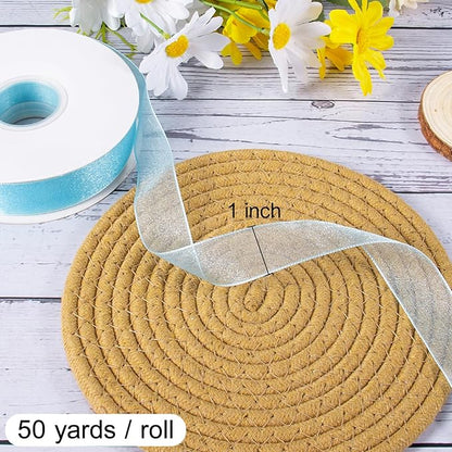 Sheer Organza Ribbon 1 Inch Chiffon Ribbons for Gift Wrapping, Flower Bouquet, 50 Yards/Roll (Blue)