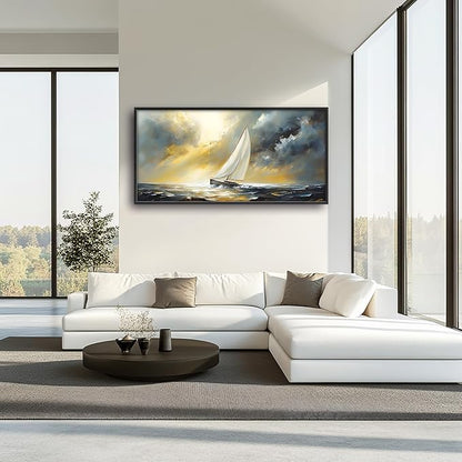 Ocean Sailboat Large Wall Art Framed Wall Decor for Living Room Abstract Boat Pictures Oversized Canvas Print Painting Modern Extra Large Artwork for Bedroom Office Home Decor 60"x30"