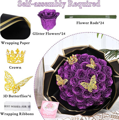 Waipfaru Glitter Roses Bouquet, DIY Fake Flowers Bouquet, Birthday Gifts for Women Mom, 24 Pcs Purple Rose for Wife Girlfriend Valentines, Mothers Day, Anniversary, Graduation