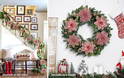 RECUTMS 66 Pcs 3 Styles Christmas Ornaments Christmas Glitter Poinsettia Flowers Artificial Christmas Tree Flower Decorations Wedding Wreath Floral Decorations (Rose Gold)