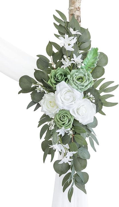 ponatia Wedding Arch Flowers with 26Ft White Arch Draping Fabric, Artificial Sage Green Wedding Flowers for Wedding Welcome Signs Decorations and Arch Flowers for Wedding Ceremony Reception