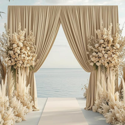 PartyVillage 50ft×15ft Beige Backdrop Curtain for Wedding Parties, 10 Panels Wrinkle Free 15 FT Long Polyester Photo Backdrop Drapes Back Drop Cloth for Birthday Photography Background