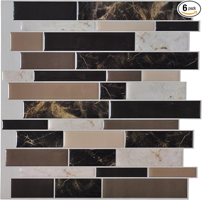 Art3d 6-Pack Peel and Stick Vinyl Sticker Kitchen Backsplash Tiles, 12" x 12" Marble Design