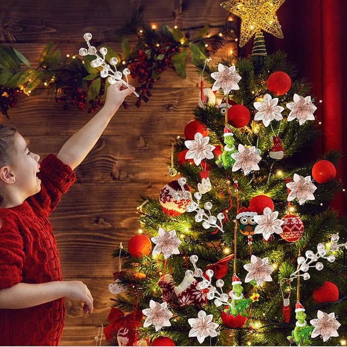 24 Pcs Champagne Boxed Christmas Poinsettia Flowers Set, 16 Pcs Artificial Poinsettias with Clips, 8 pcs Glitter Christmas Tree Ornaments Berry Stems for Wedding Home Holiday Xmas New Year Decorations