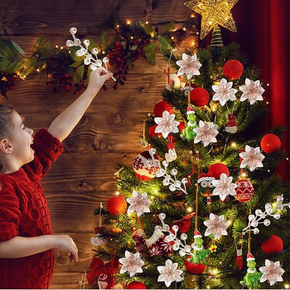 24 Pcs Champagne Boxed Christmas Poinsettia Flowers Set, 16 Pcs Artificial Poinsettias with Clips, 8 pcs Glitter Christmas Tree Ornaments Berry Stems for Wedding Home Holiday Xmas New Year Decorations