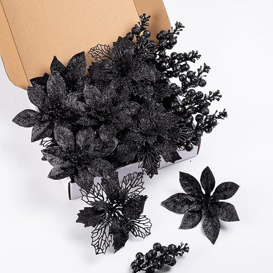 24Pcs Black Glitter Poinsettia Christmas Tree Ornaments and Glitter Berries Stems, 16Pcs Christmas Artificial Flowers and 8 Pack Christmas Tree Picks for Wedding Holiday Decorations