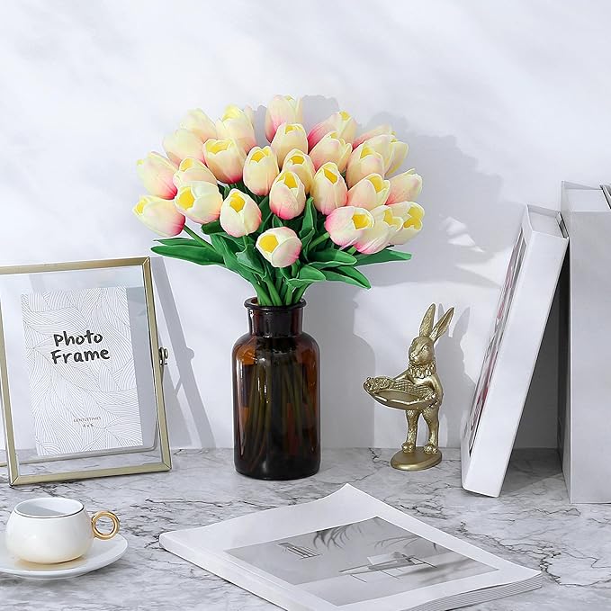 SITUMEIZI 15pcs Tulips Fake Pink Artificial Flowers Real Touch 14" Silk Flower for Home Decor Spring Easter Wedding Bouquet Decorations Gifts(Creamy Pink)