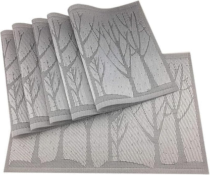 Gugrida Place Mats PVC Set of 6, Table Placemats Set of 6 PVC Woven Vinyl Place Mats Table Mats Natural Color (6 pcs, Silver Tree)