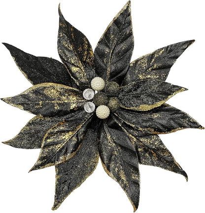 DILATATA 3 Pcs Artificial Christmas Flowers 13 Inch Glitter Poinsettia Picks Christmas Tree Ornaments Topper Decorations Black Poinsettias Flowers for Xmas New Year Wreath Garland Wedding Home Decor