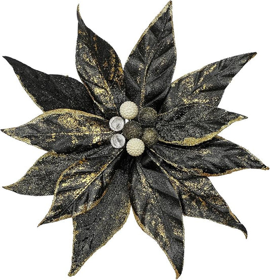 DILATATA 3 Pcs Artificial Christmas Flowers 13 Inch Glitter Poinsettia Picks Christmas Tree Ornaments Topper Decorations Black Poinsettias Flowers for Xmas New Year Wreath Garland Wedding Home Decor