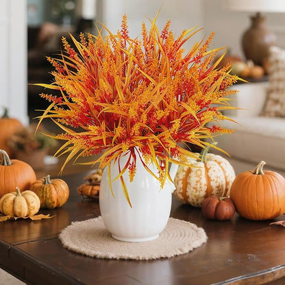 Ouddy Decor 24 Bundles Artificial Fall Flowers for Decorations, Fake Mums Faux Lavender Monkey Grass Plastic Plants UV Resistant for Garden Porch Farmhouse Autumn Harvest Thanksgiving Decor, Orange