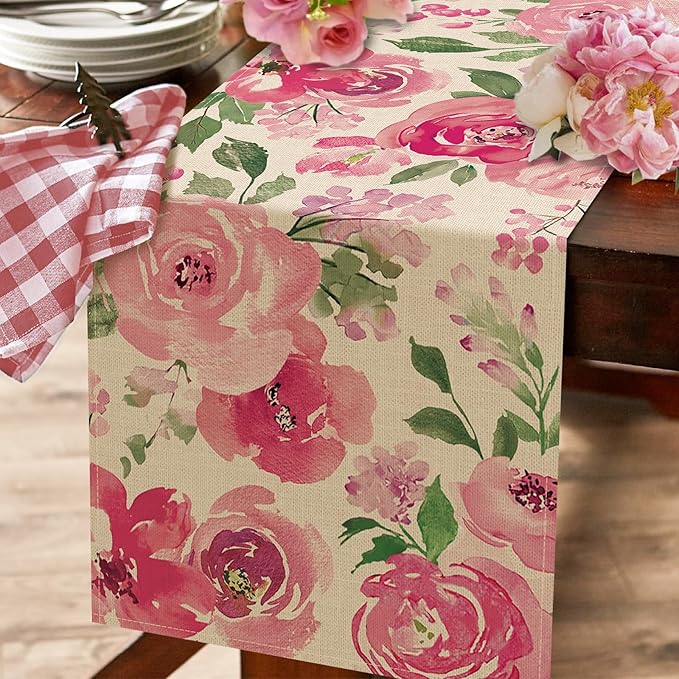 Seliem Spring Summer Watercolor Flower Table Runner, Pink Peony Floral Kitchen Dining Table Decor, Seasonal Burlap Home Decoration Indoor Outdoor Party Supply 13 x 90 Inches
