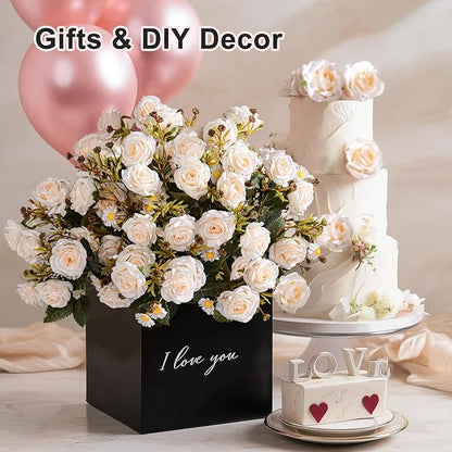 Artificial Rose Flowers for Outdoor 4 Bundles Rose Bouquet with Daisy Faux Flowers UV Resistant for Home Indoor Outside Garden Porch Window Box Balcony Yard Porch Fall Decor (White)